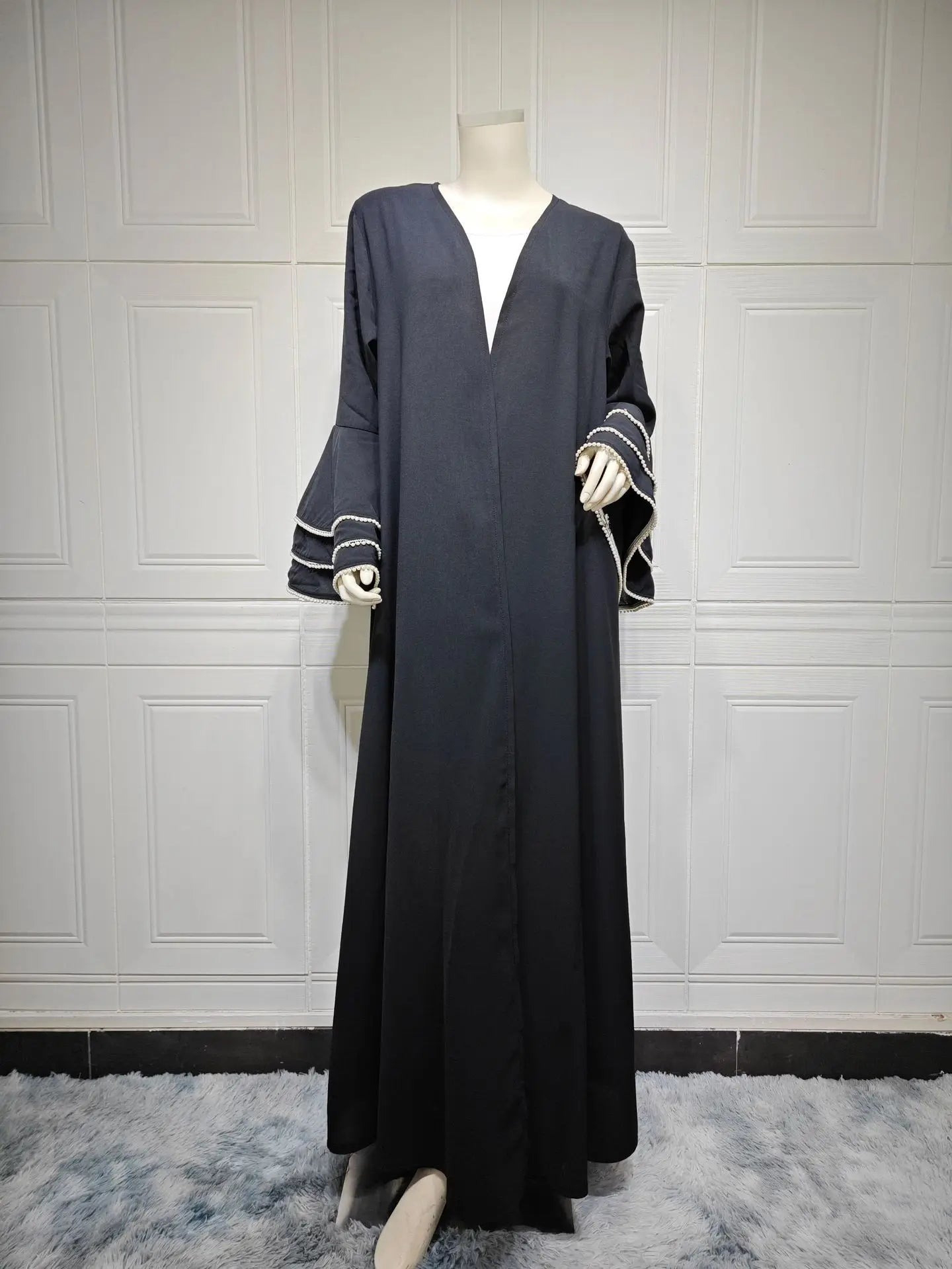 Velaya Abaya – Pearl-Trimmed Perfection in Black - Daily and Ramadan Modest Long Dress (D9)