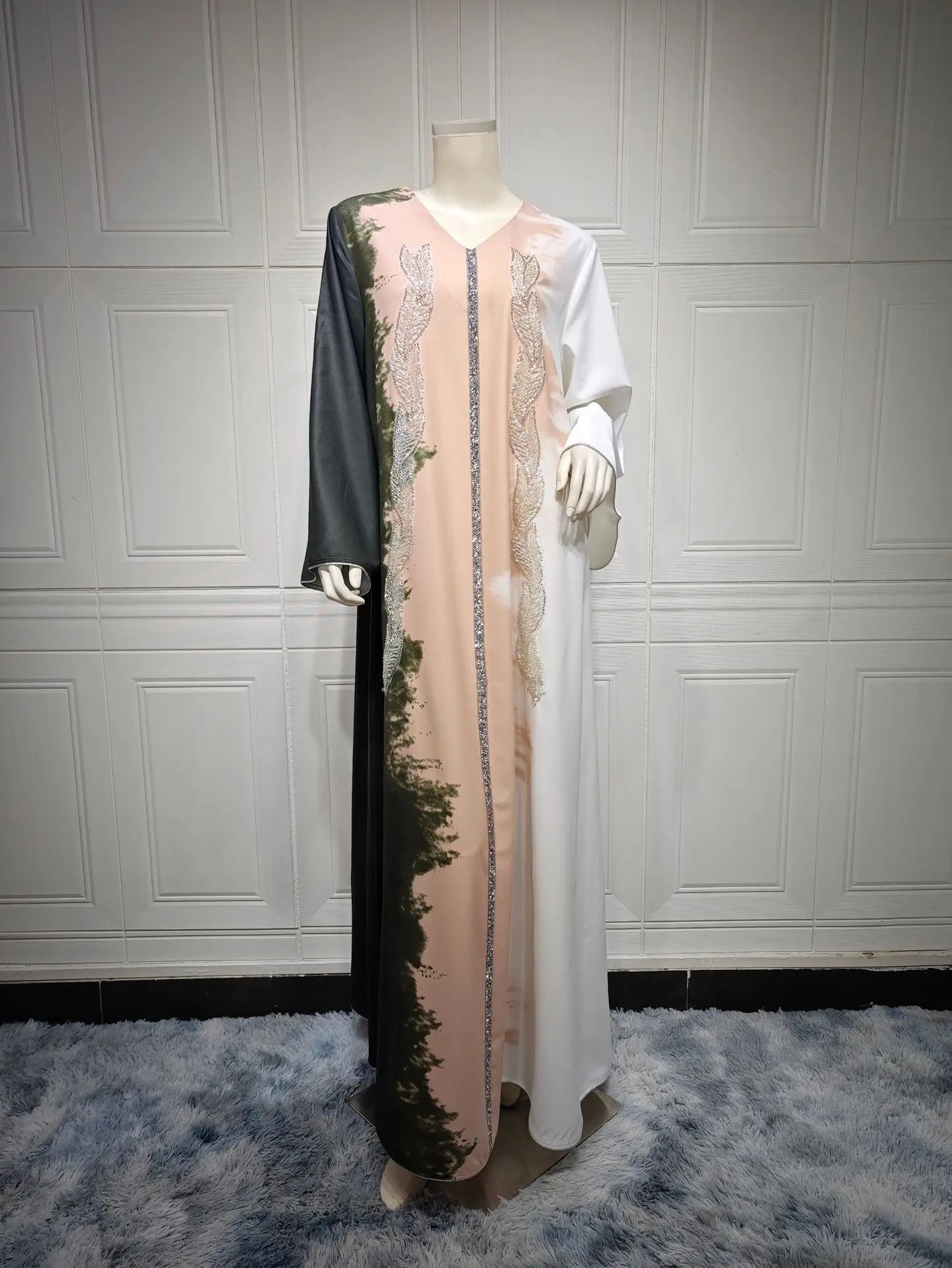 LX01 Eid abaya/ramadan abaya/ Eid dresses/ Handcrafted Artistic Beaded Satin Abaya – Three-Tone Luxury Ramadan & Eid Maxi Dress