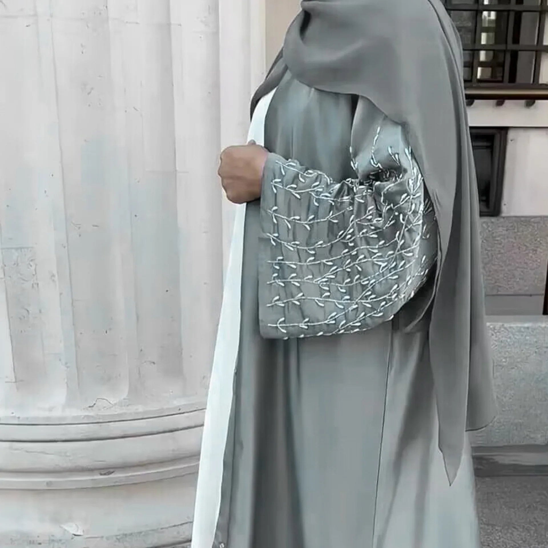 ABY15 Silver Grace Embroidered Satin Abaya