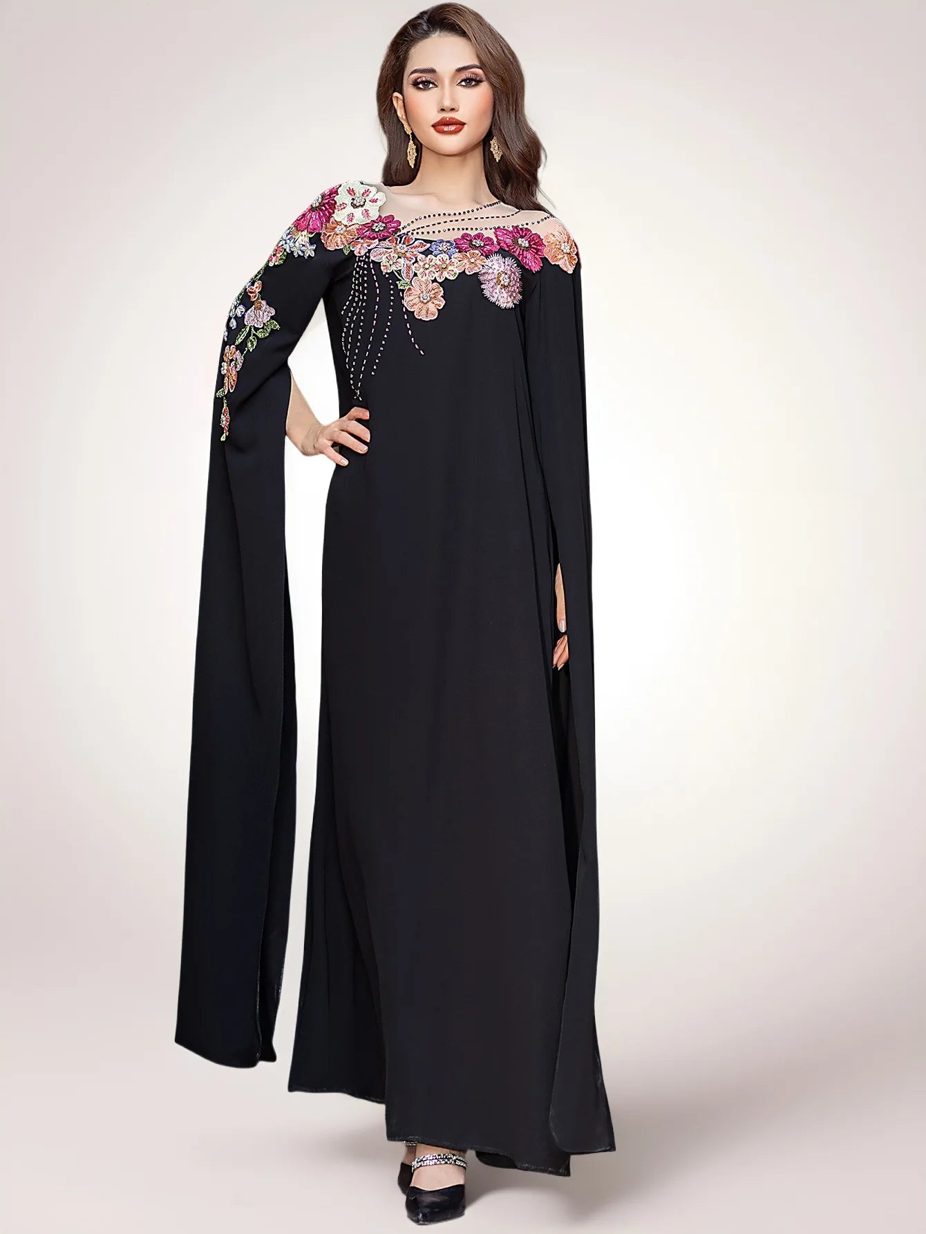 Floral Cascade Evening Abaya – Eid & Ramadan Modest Long Dress (LXF8)