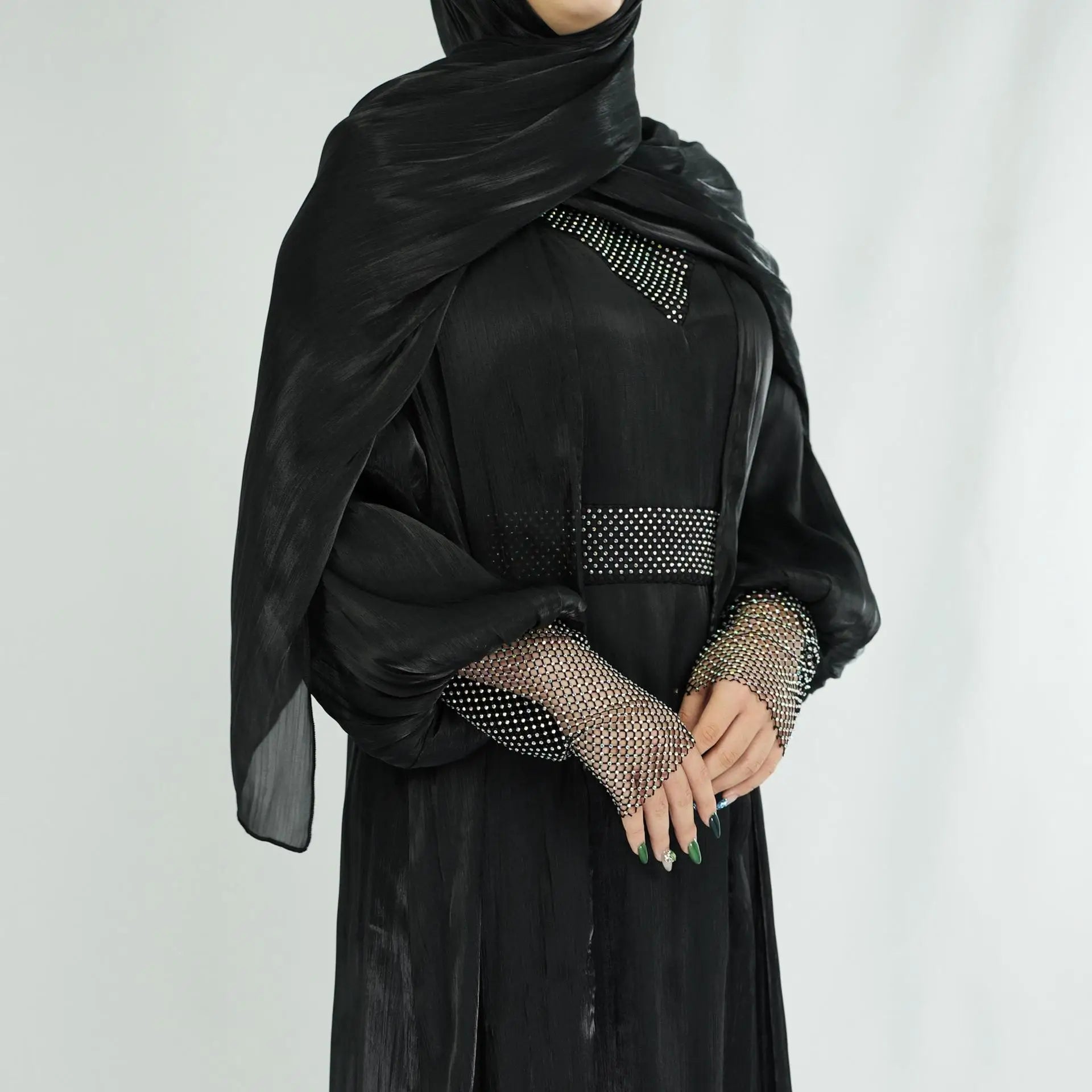 EG09A Luxury Muslim Sets /Shimmering Evening Abaya with Net Detailing/Eid Abaya