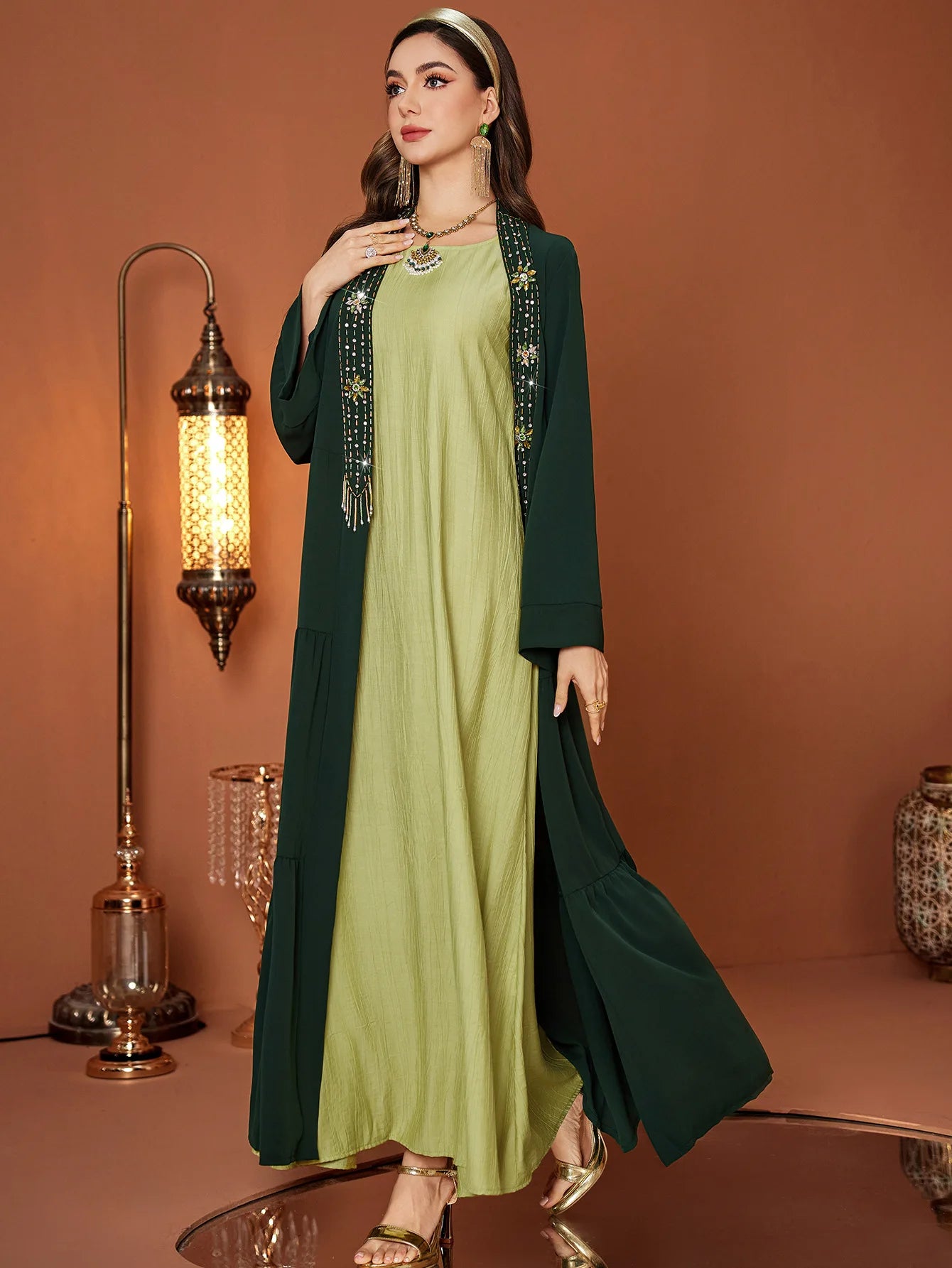 Emerald Oasis Embellished Abaya Set – Eid & Ramadan Modest Long Dress (LXE8)