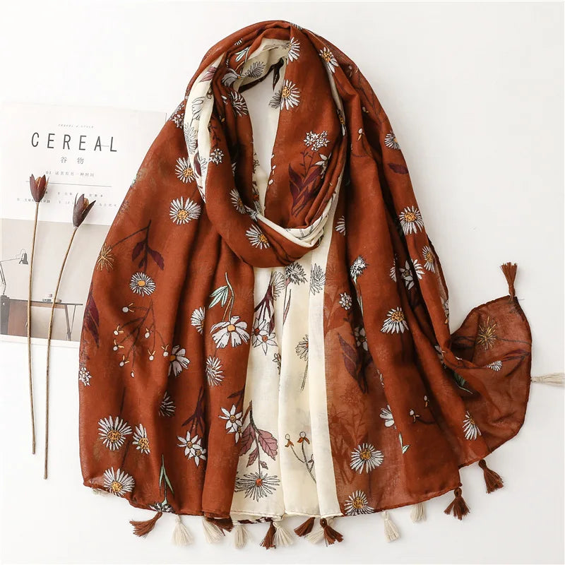 HB14 Floral Tassel Viscose Shawls