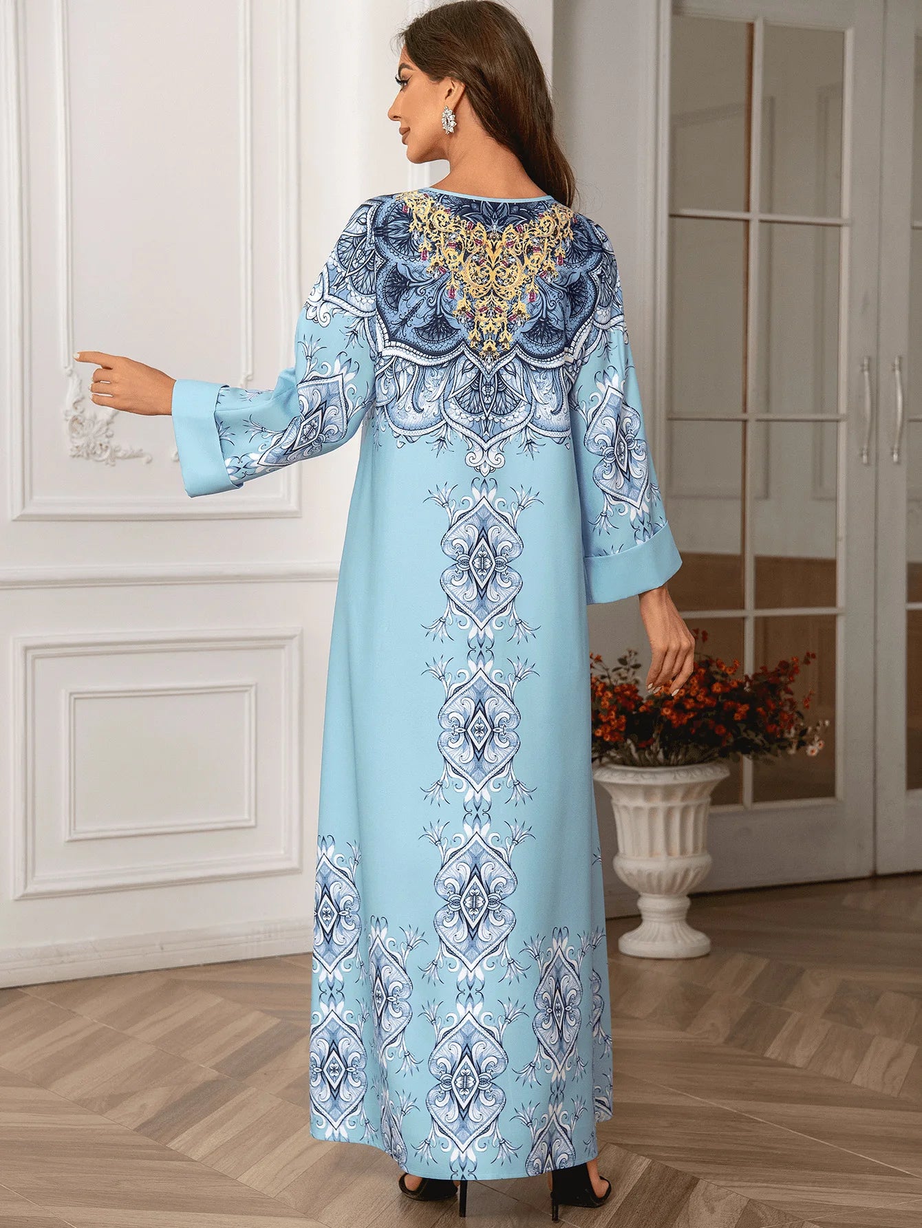 ABY028  Premium Pearl-Embellished Kaftan/ light blue