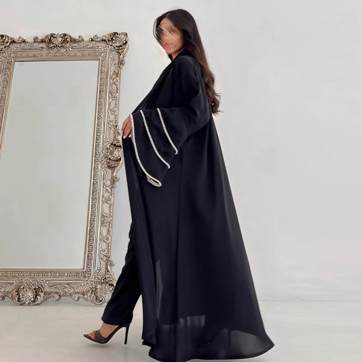 Velaya Abaya – Pearl-Trimmed Perfection in Black - Daily and Ramadan Modest Long Dress (D9)