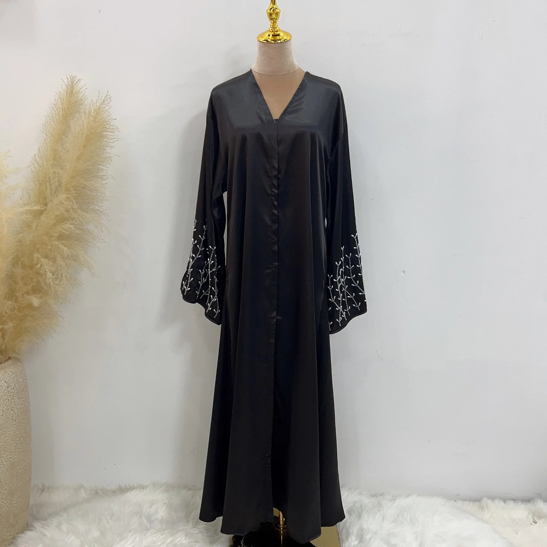 ABY15 Silver Grace Embroidered Satin Abaya