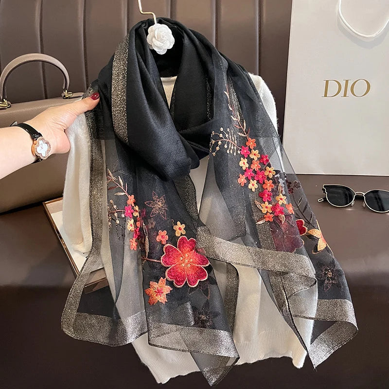 HB22 Solid Silk Women Scarf Winter Warm Wool Shawls/ Pashmina Luxury Embroidery Warn Scarves