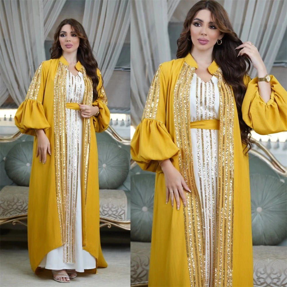 ABY026  Moroccan Caftan Luxury Sequins Lantern Sleeve 2 Pieces Dress Abaya