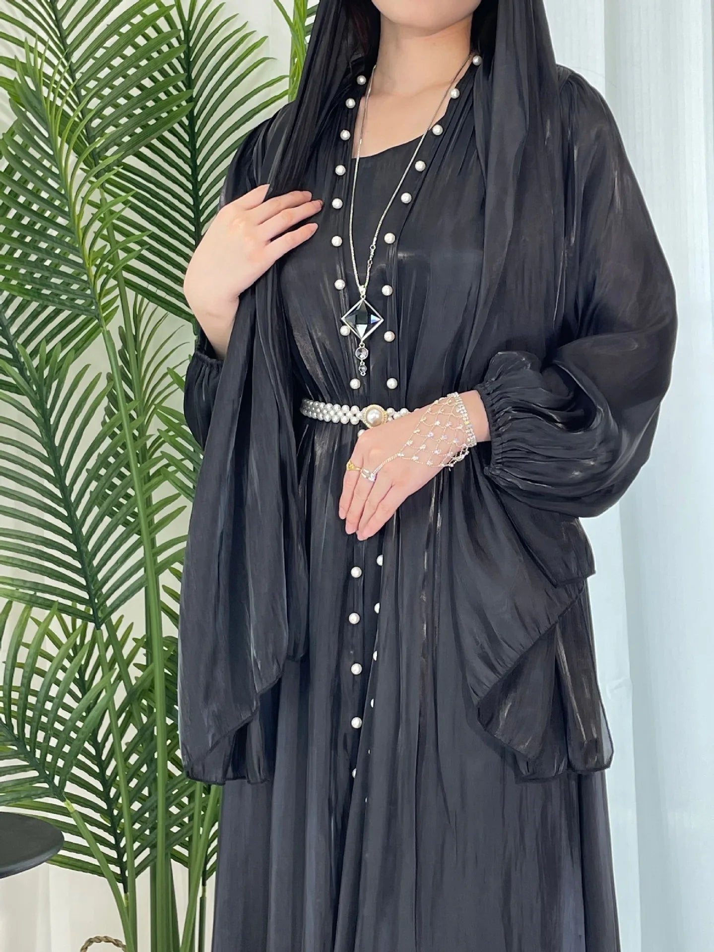 ABY13  Lantern Sleeve Lux Radiance Four-Piece Satin Abaya