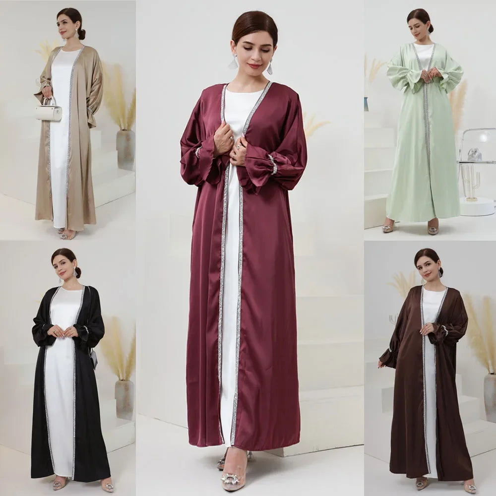 EG21 Eid abaya/ramadan abaya/ Eid dresses Majestic Satin Abaya Set with Radiant Diamond Trim - 3 Piece Elegance