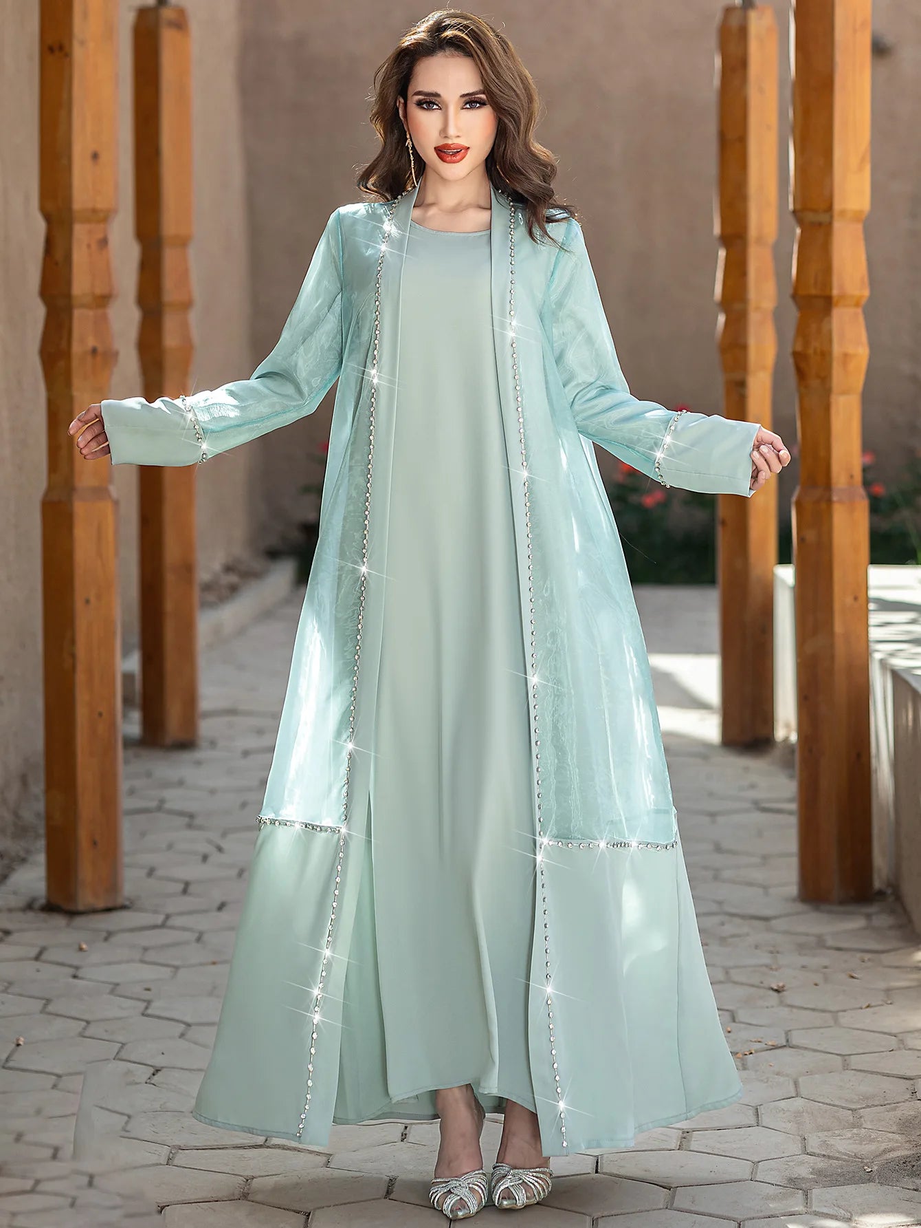 Layali Pearl Satin Abaya Set – Eid & Ramadan Modest Long Dress (LXG8)
