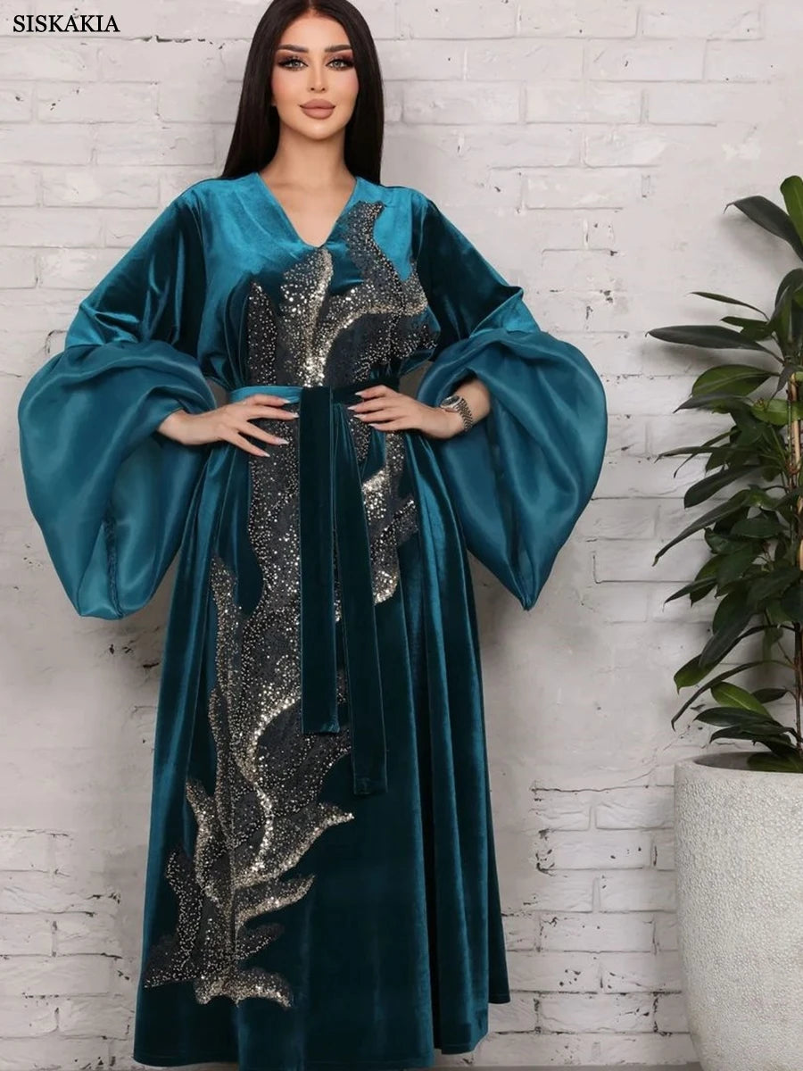 ABY11 Elegant Velvet Kaftan with Sequin Embellishments for Autumn/Winter