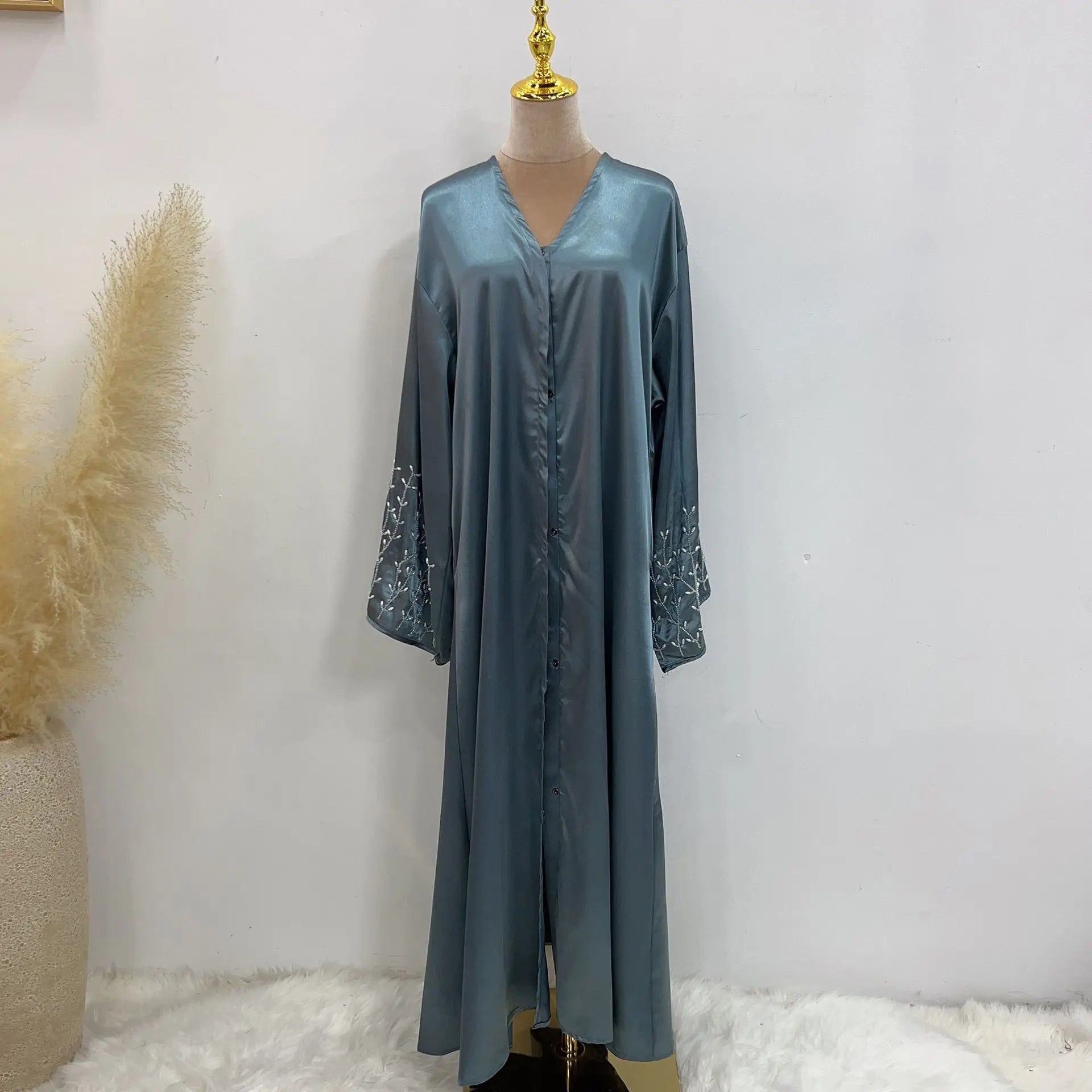 ABY15 Silver Grace Embroidered Satin Abaya