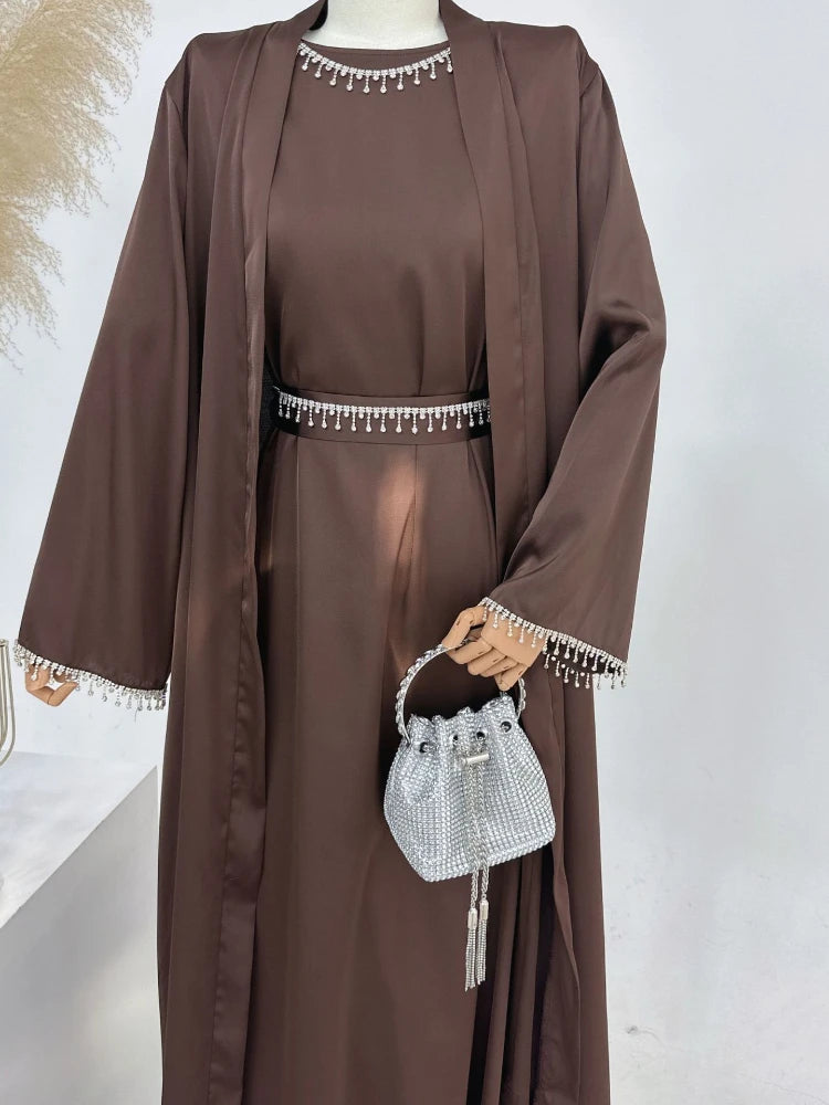 ABY025 Silky Satin Diamond Drape Sleeves Abayas Set 2 Piece