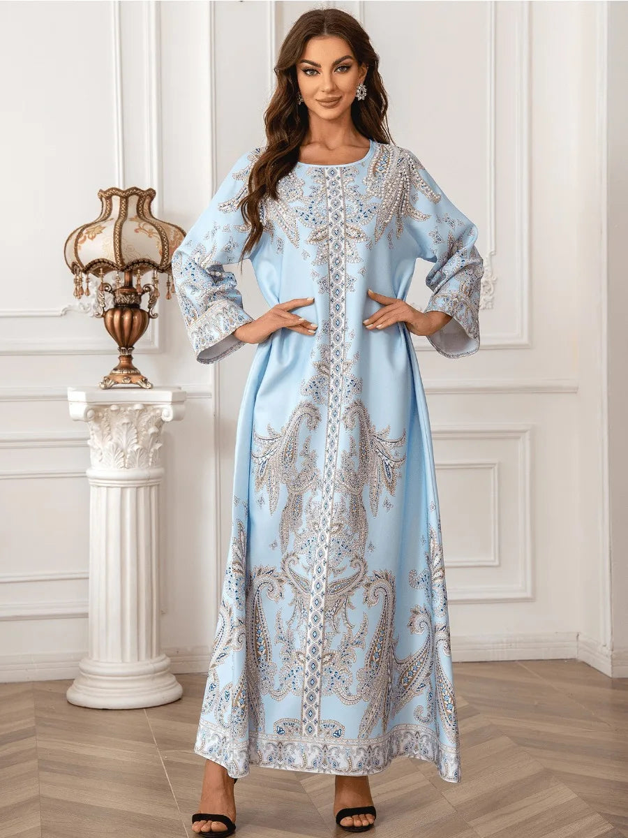 ABY027 Premium Pearl-Embellished Kaftan/light blue