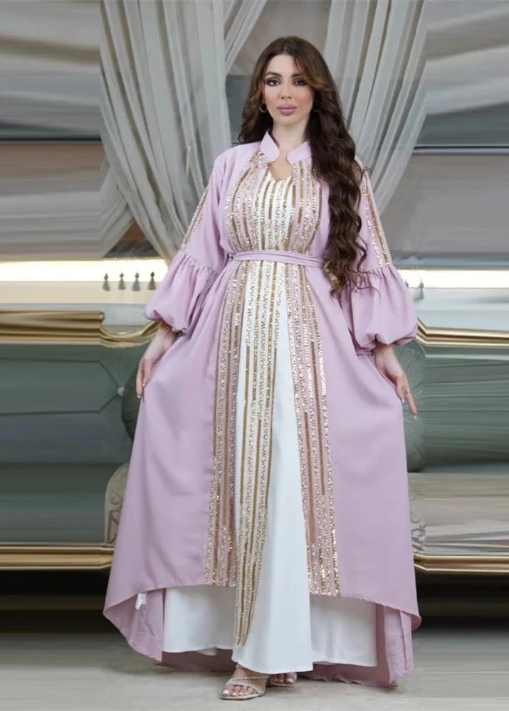 LX06 Eid abaya/ramadan abaya/ Eid dresses Moroccan Caftan Luxury Sequins Lantern Sleeve 2 Pieces Dress Abaya