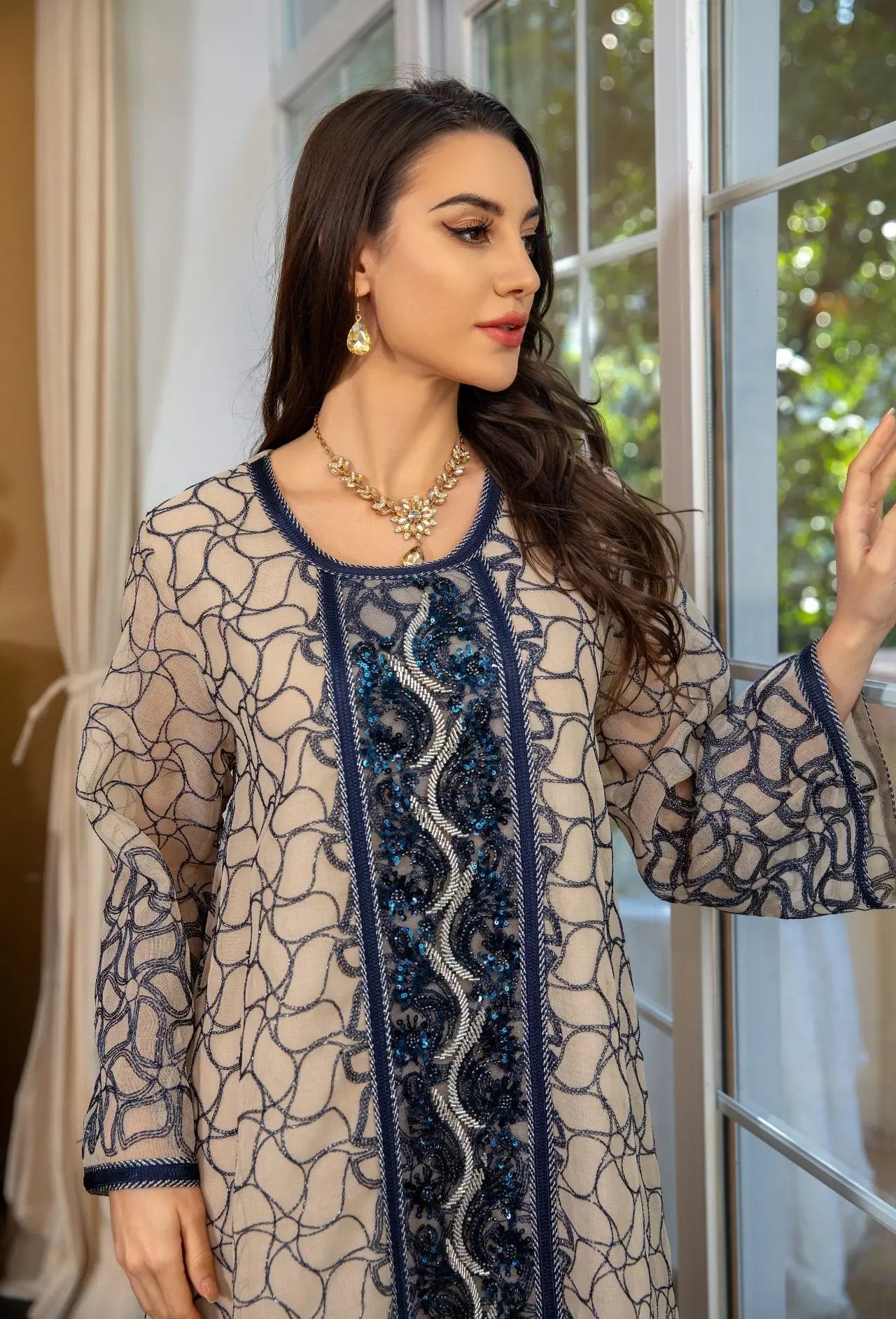 ABY024  Sequin Embroidery Abaya / Ramadan Caftan Jalabiya