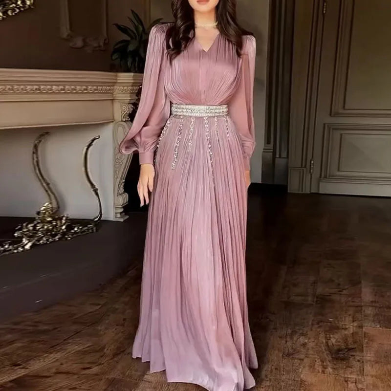 Mauve Crystal Pleated Abaya Dress with Lantern sleeves – Eid & Ramadan Modest Long Dress (LXL8)