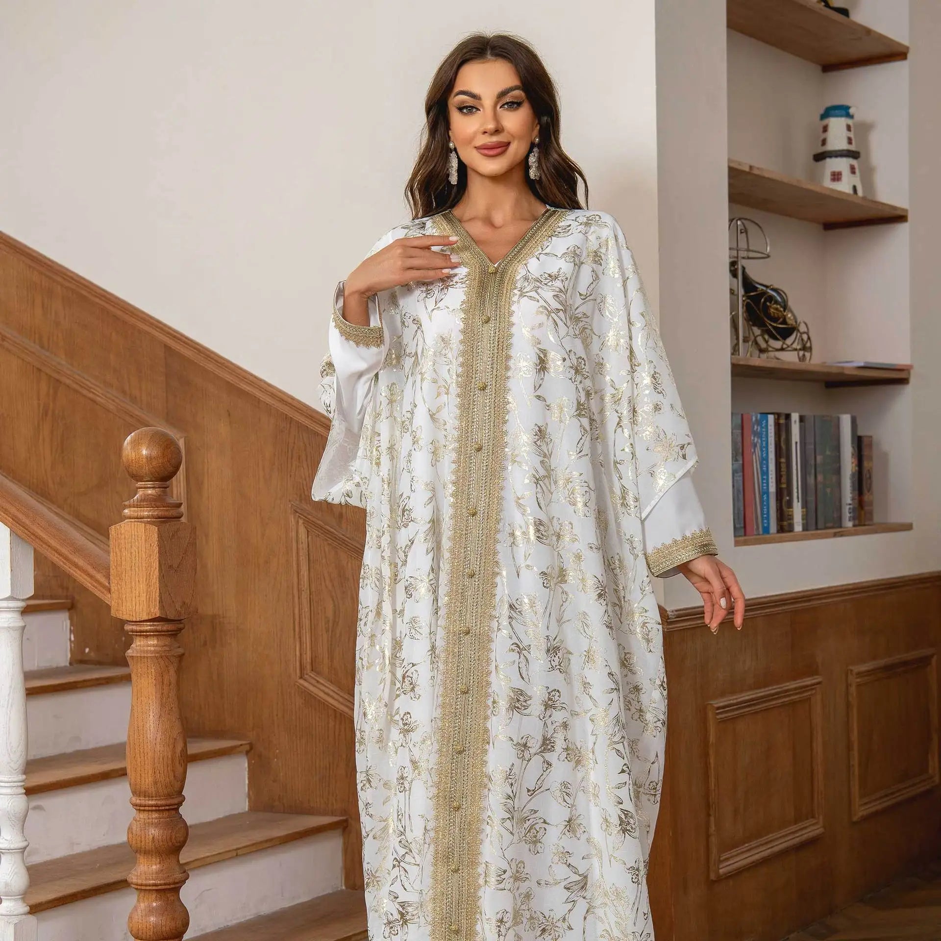 LX21 Elegant Two-Piece Abaya with Gold Print Detailing/ Eid abaya/ ramadan