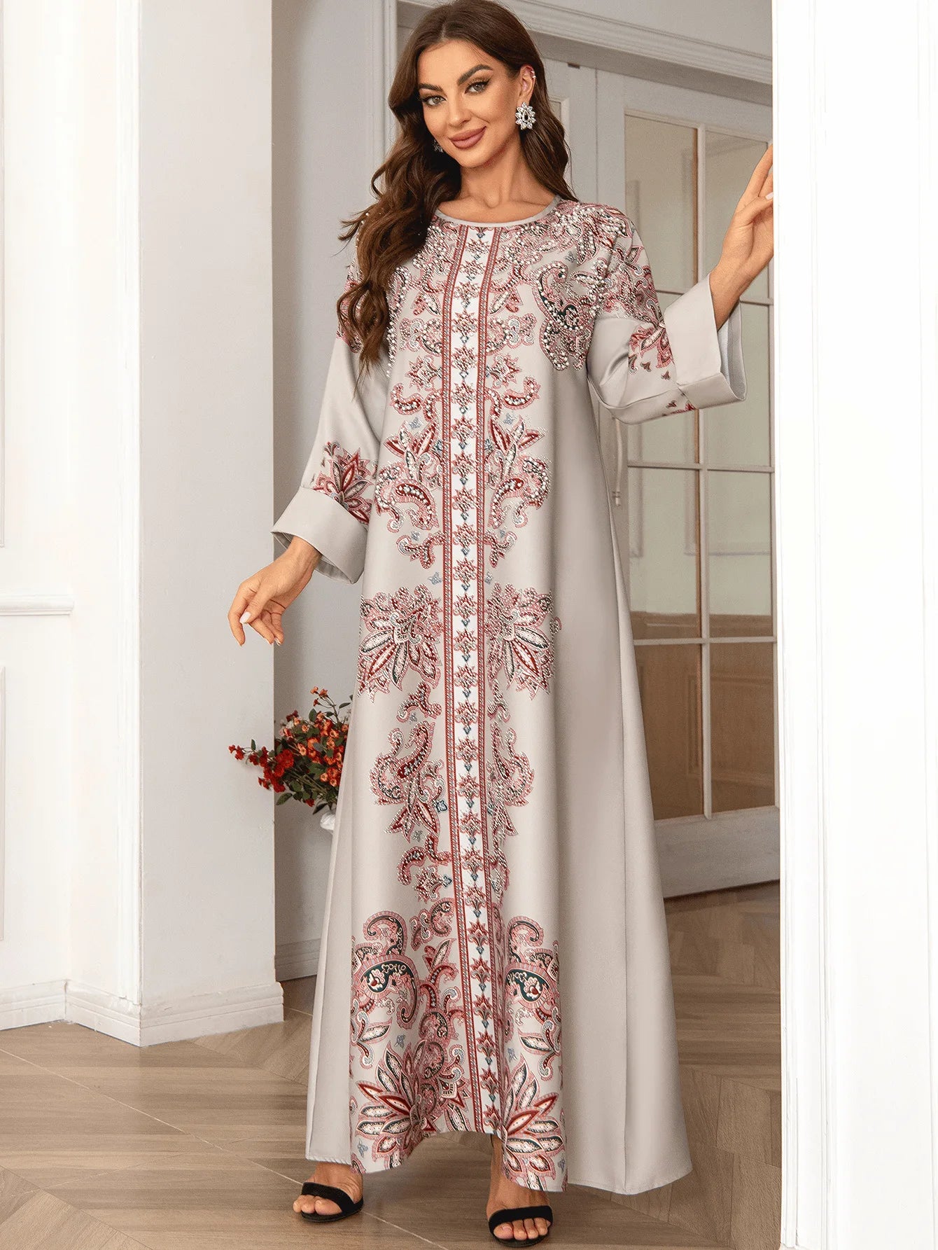 ABY034 Opulent Print Abaya with Pearl and Diamond Adornments