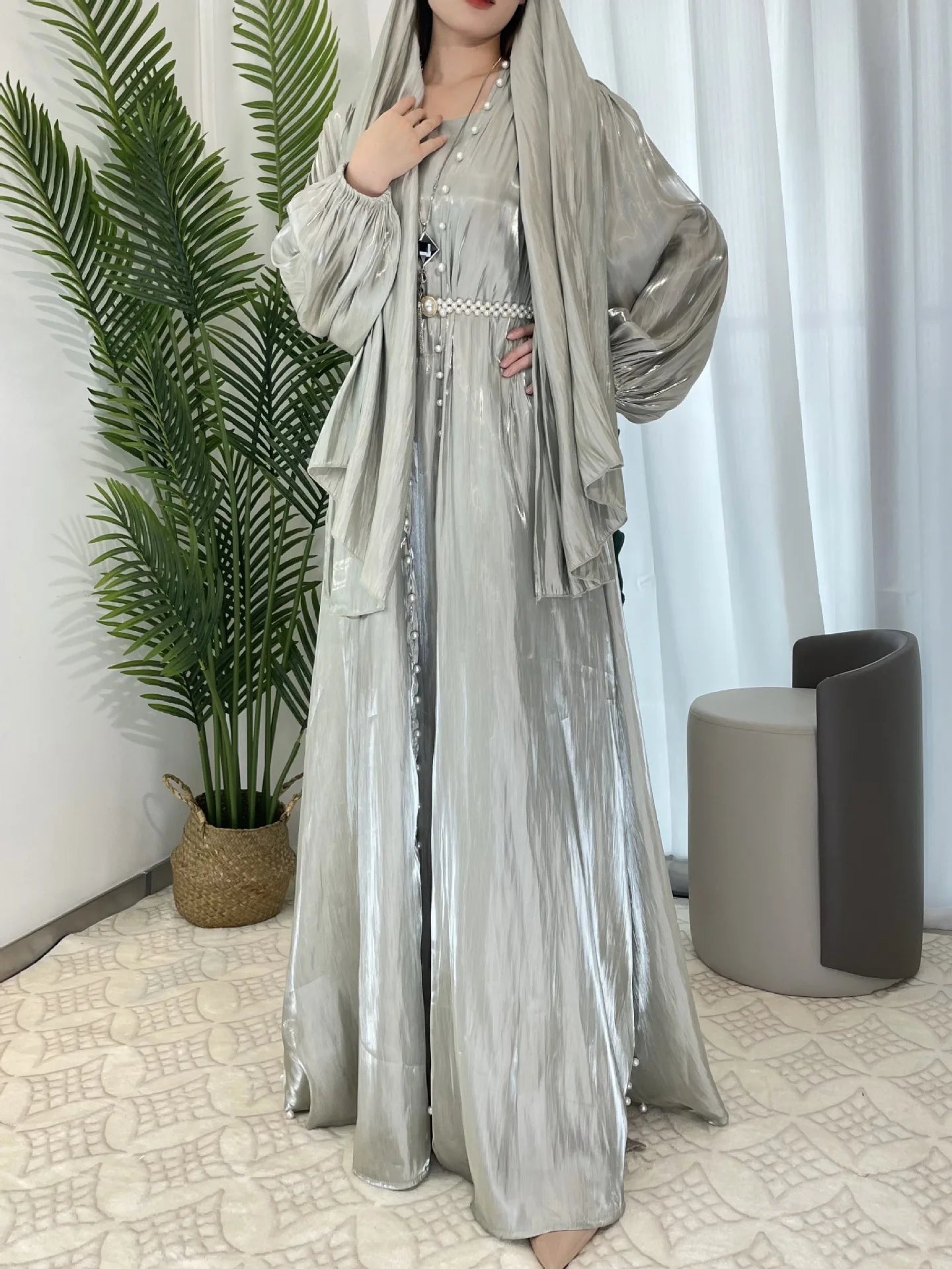 ABY13  Lantern Sleeve Lux Radiance Four-Piece Satin Abaya