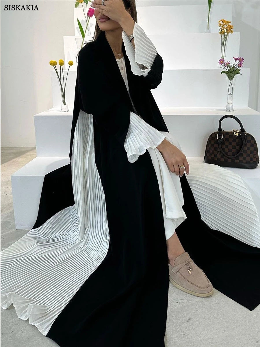 ABY038 Black and White Pleated Contrast Abaya with Hood