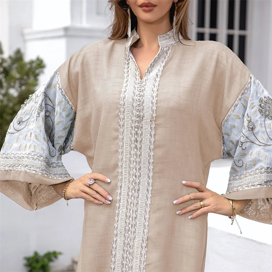 ABY018 Luxury Linen Two-Layer Embroidered Abaya