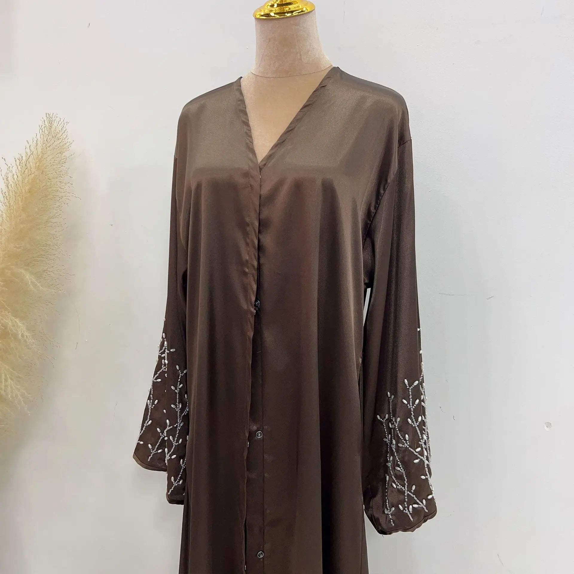 ABY15 Silver Grace Embroidered Satin Abaya