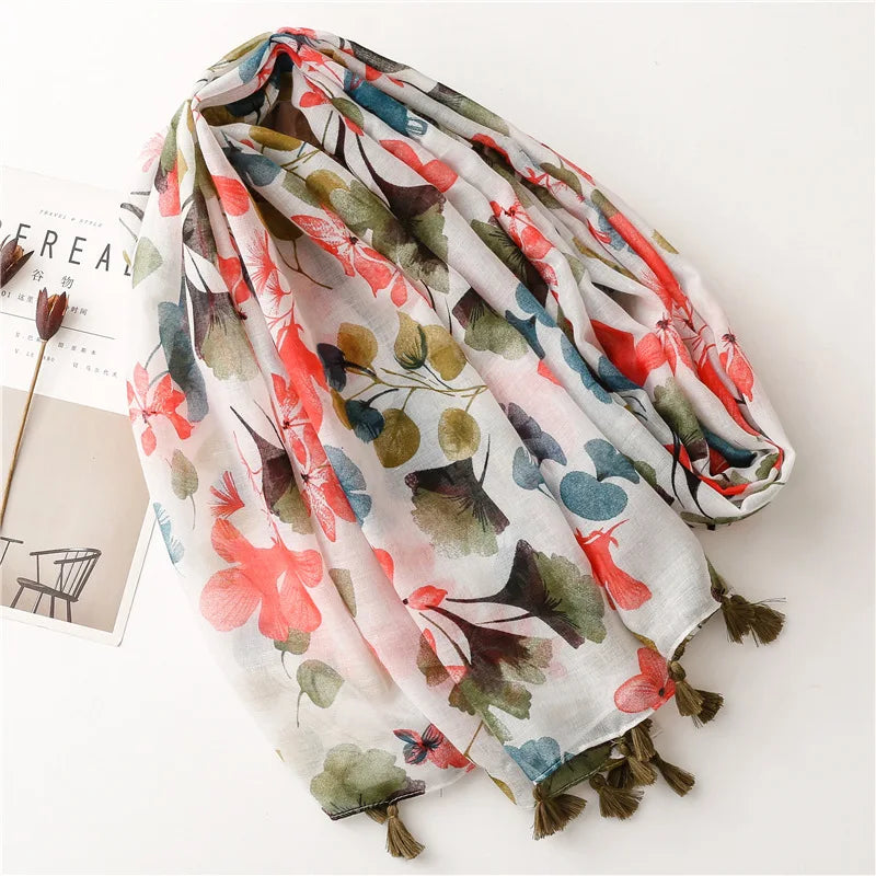 HB14 Floral Tassel Viscose Shawls