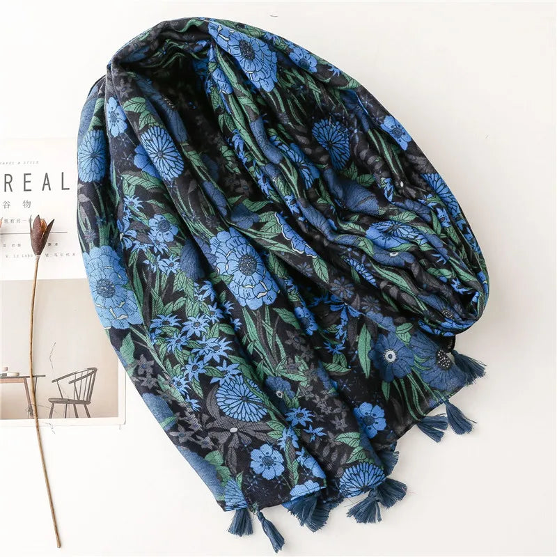 HB08 Midnight Garden Floral Tassel Hijab/ Viscose Shawl