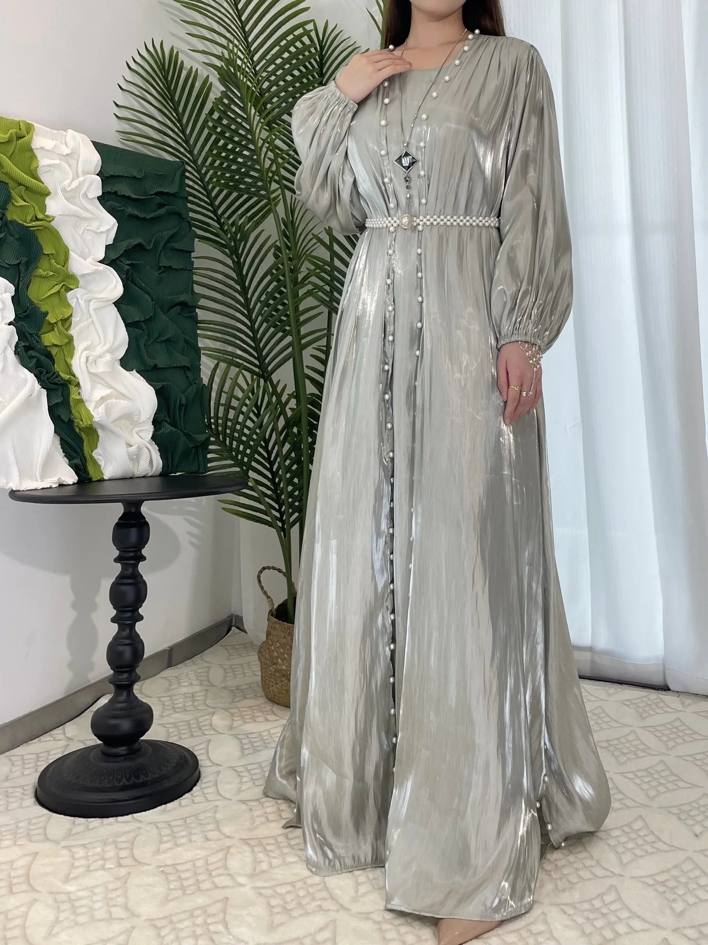 ABY13  Lantern Sleeve Lux Radiance Four-Piece Satin Abaya