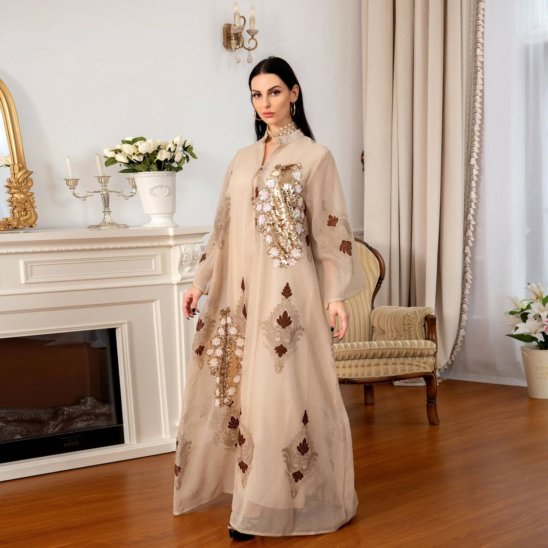 ABY036 Majestic Sequin Elegance A-Line Abaya