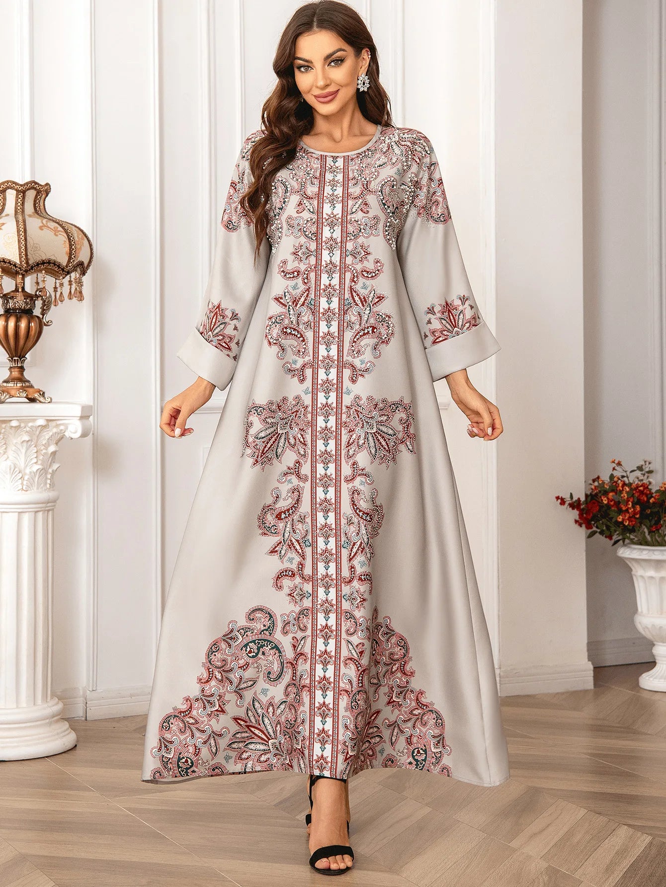 ABY034 Opulent Print Abaya with Pearl and Diamond Adornments