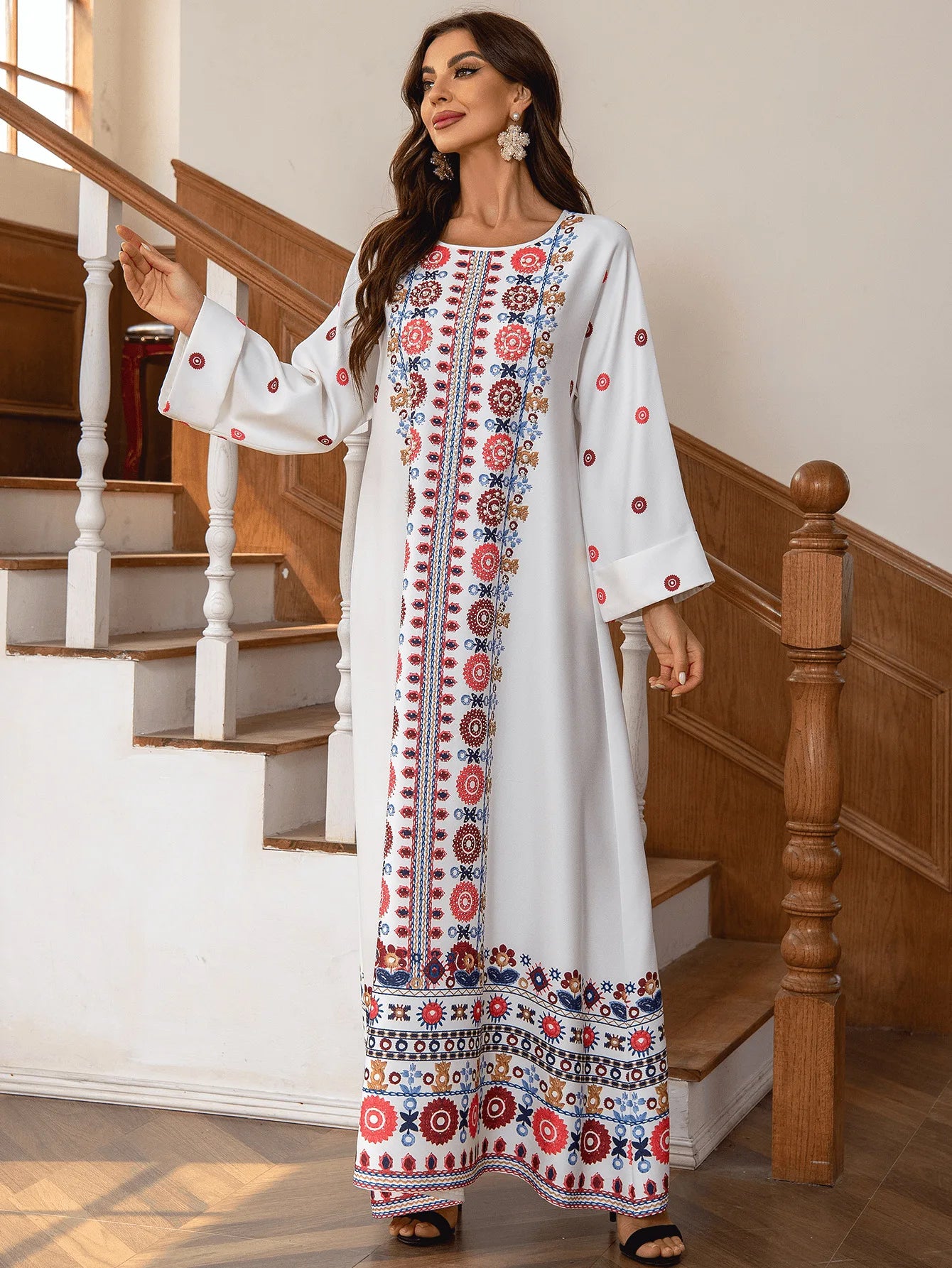 ABY035 Opulent Print Abaya with Pearl and Diamond Adornments (PINK AND WHITE)