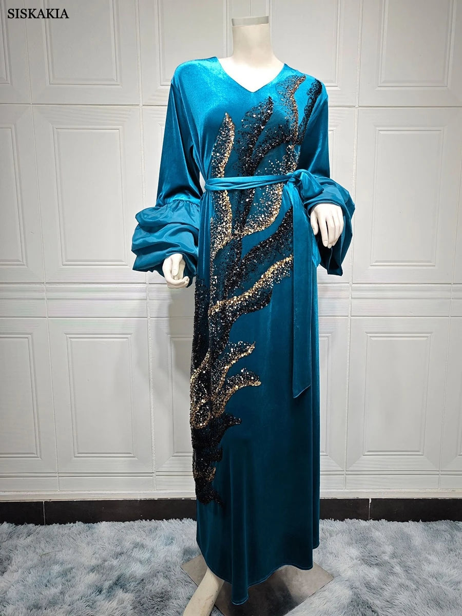 ABY11 Elegant Velvet Kaftan with Sequin Embellishments for Autumn/Winter