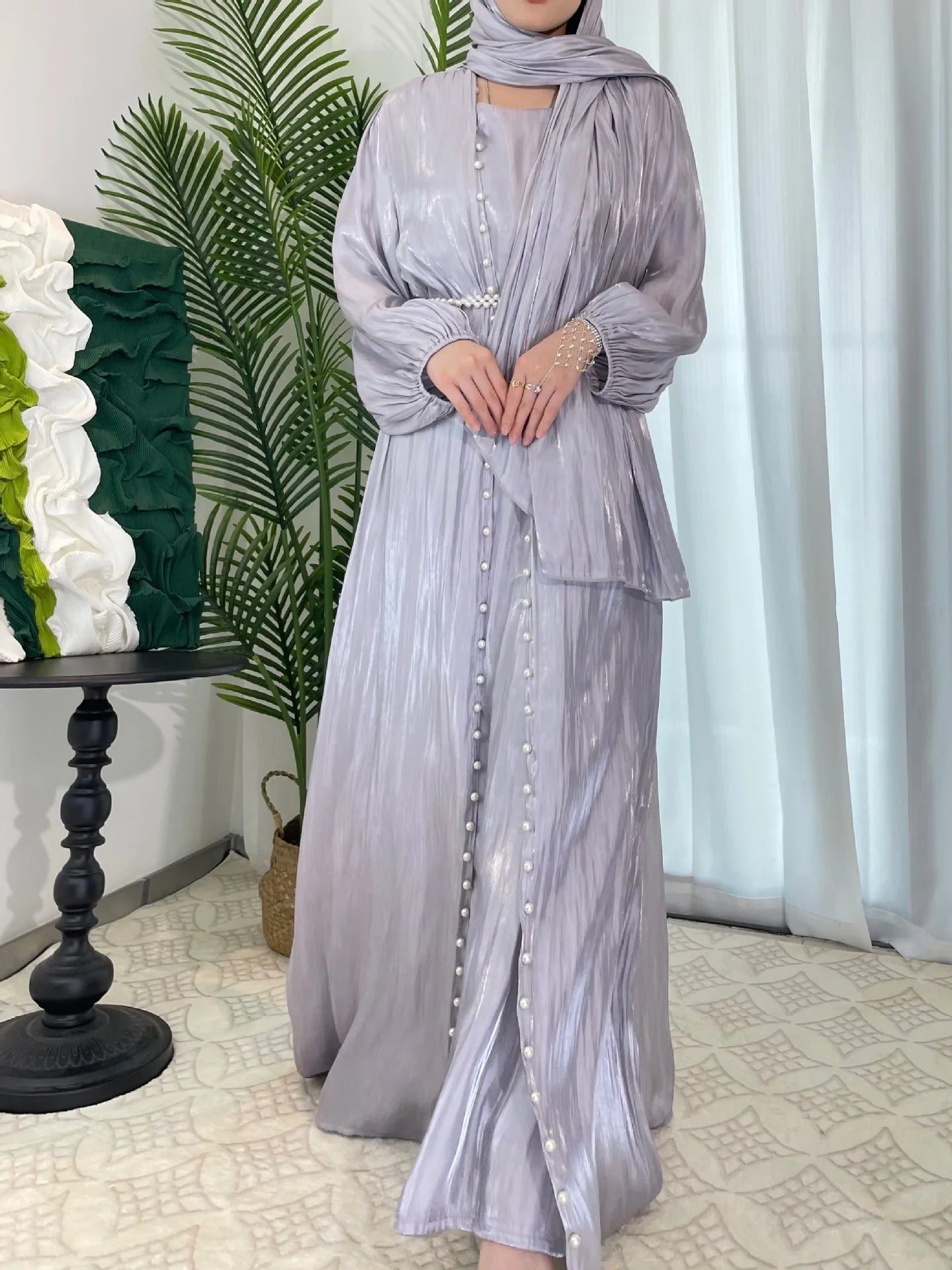 ABY13  Lantern Sleeve Lux Radiance Four-Piece Satin Abaya