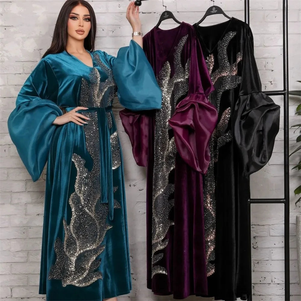 ABY11 Elegant Velvet Kaftan with Sequin Embellishments for Autumn/Winter