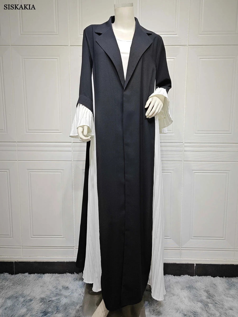 ABY038 Black and White Pleated Contrast Abaya with Hood