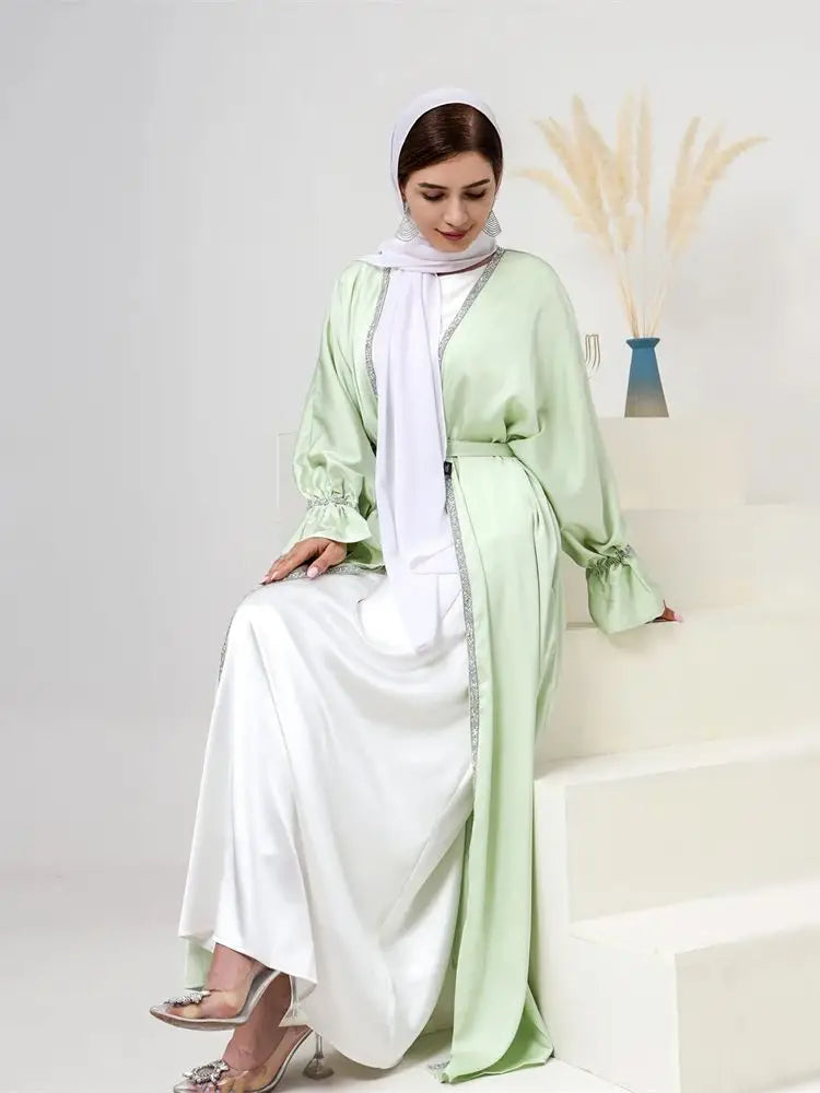 ABY022 Majestic Satin Abaya Set with Radiant Diamond Trim - 3 Piece Elegance