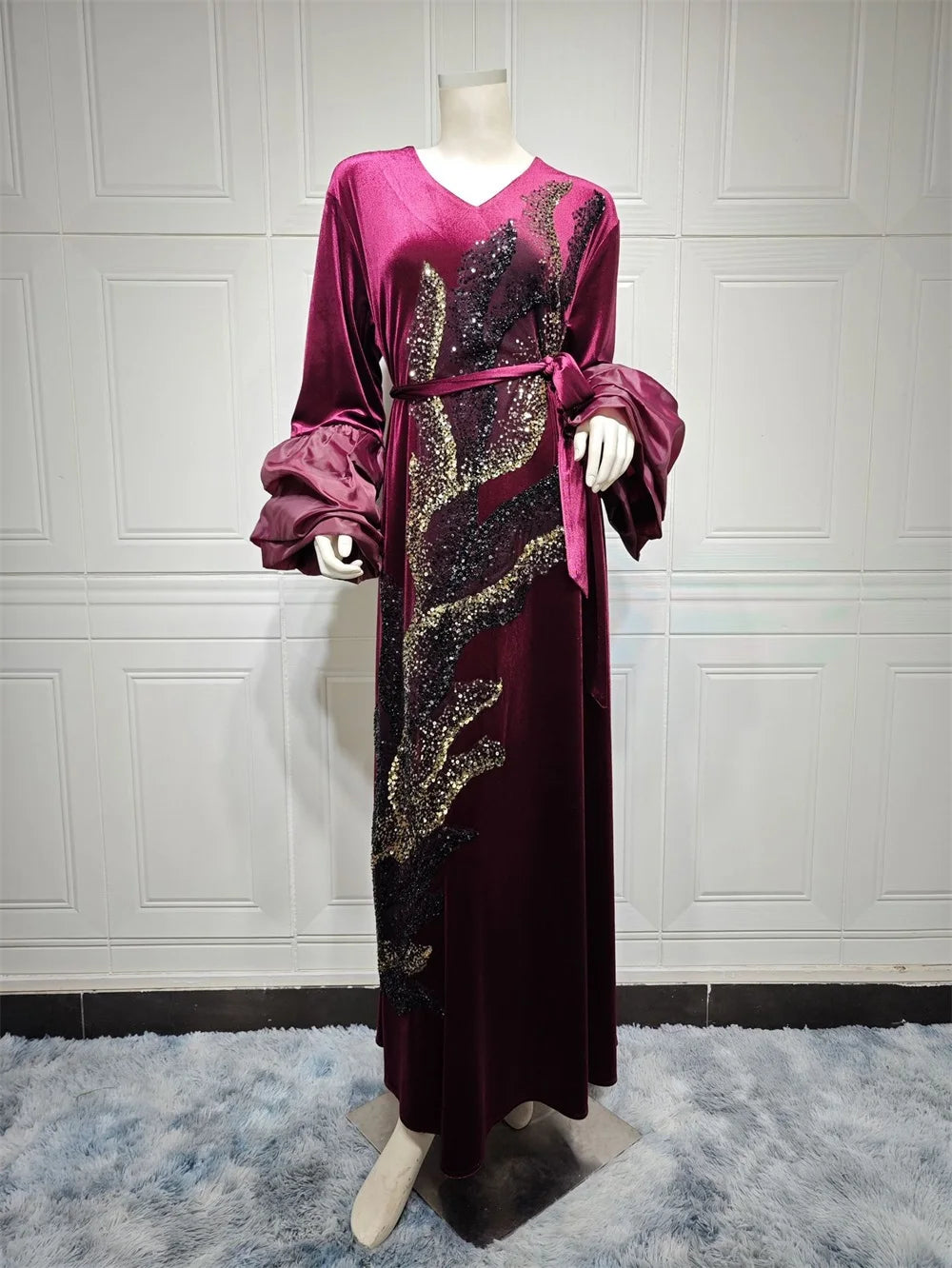 ABY11 Elegant Velvet Kaftan with Sequin Embellishments for Autumn/Winter