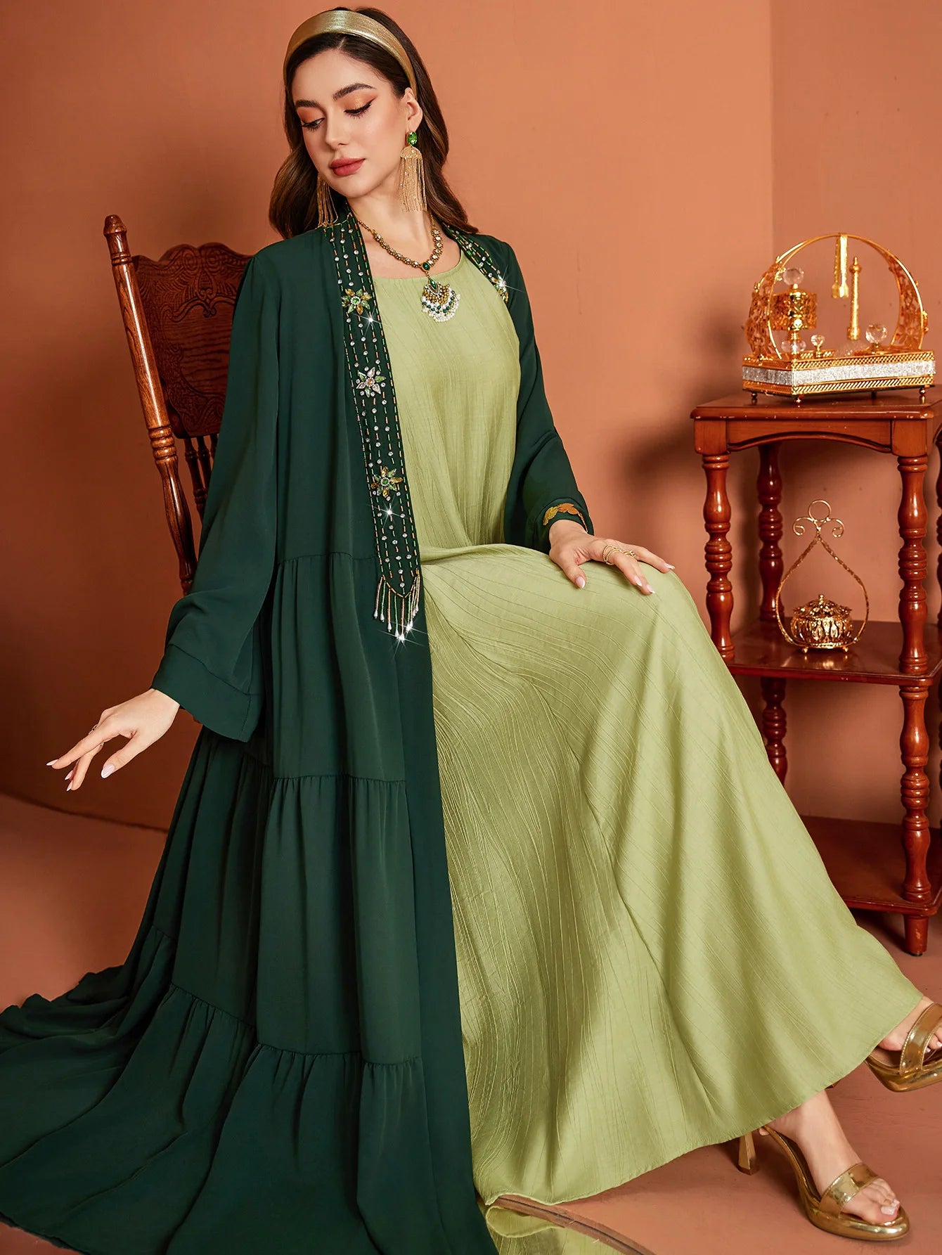 Emerald Oasis Embellished Abaya Set – Eid & Ramadan Modest Long Dress (LXE8)