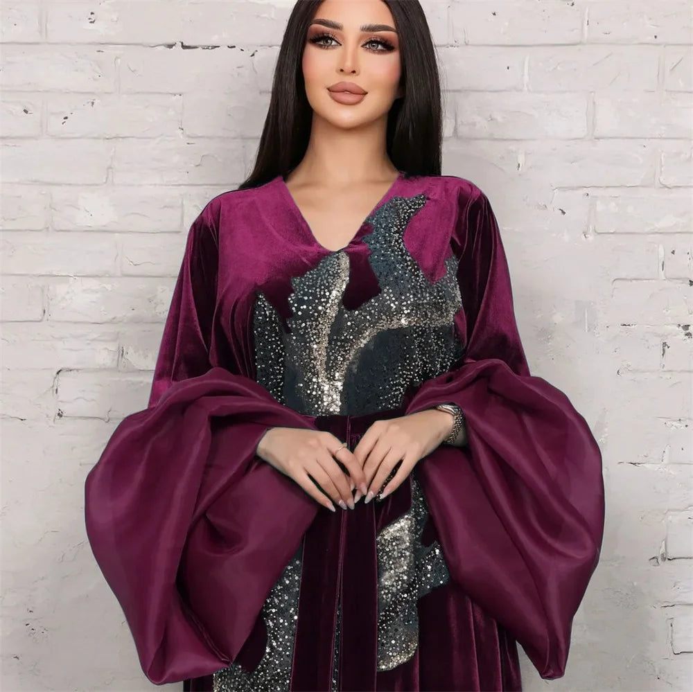 ABY11 Elegant Velvet Kaftan with Sequin Embellishments for Autumn/Winter