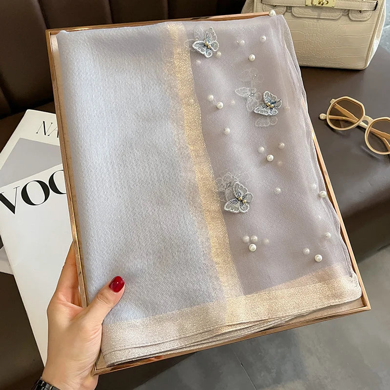 Luxury Silk Shawl Scarf- Butterfly Pearl Silk Scarf/Hijab Collection