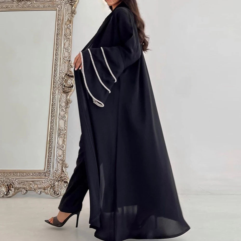 Velaya Abaya – Pearl-Trimmed Perfection in Black - Daily and Ramadan Modest Long Dress (D9)