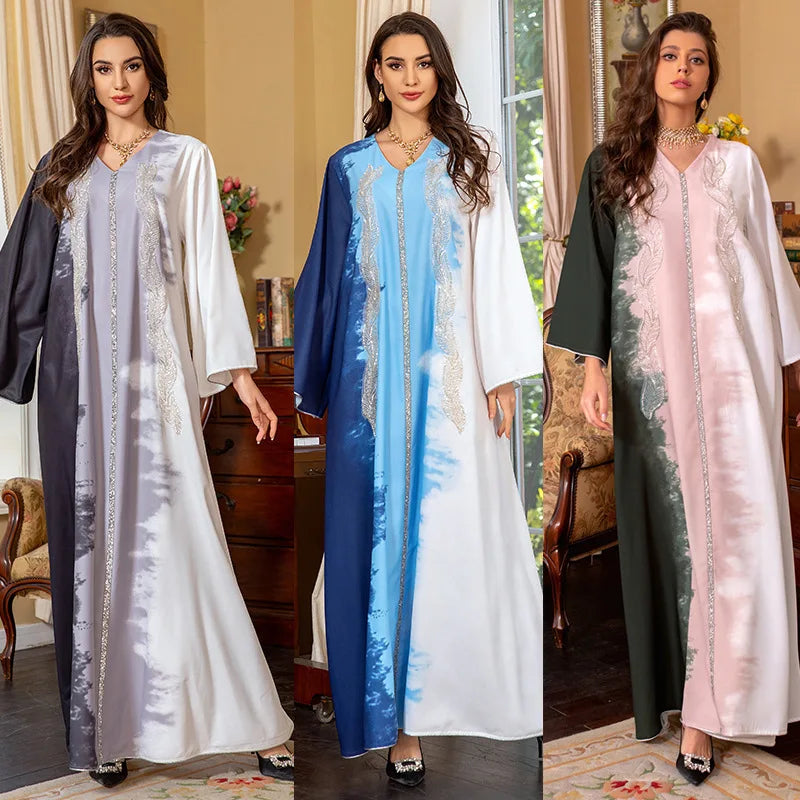 LX01 Eid abaya/ramadan abaya/ Eid dresses/ Handcrafted Artistic Beaded Satin Abaya – Three-Tone Luxury Ramadan & Eid Maxi Dress