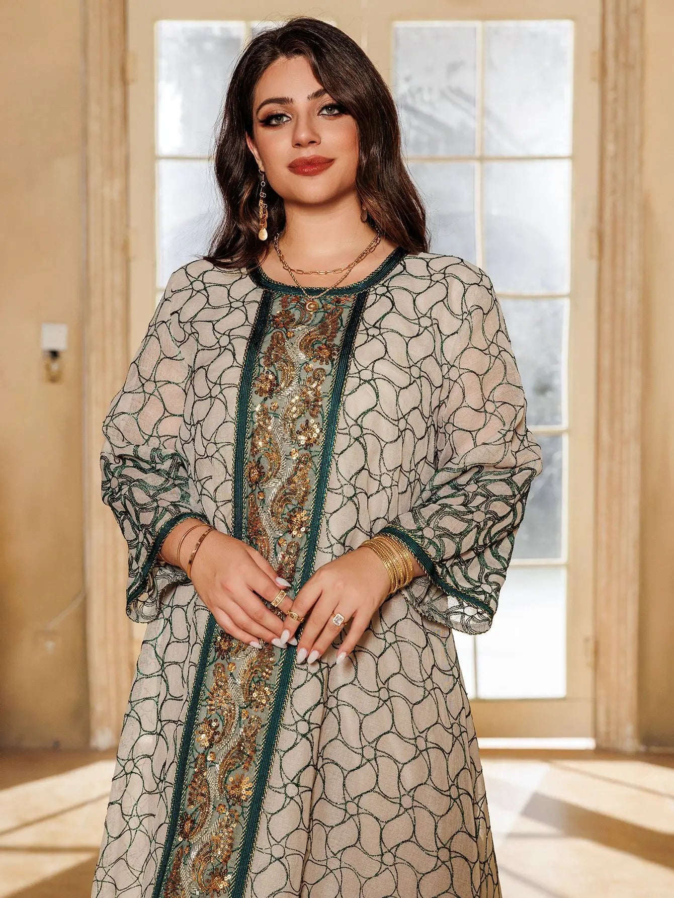 ABY024  Sequin Embroidery Abaya / Ramadan Caftan Jalabiya