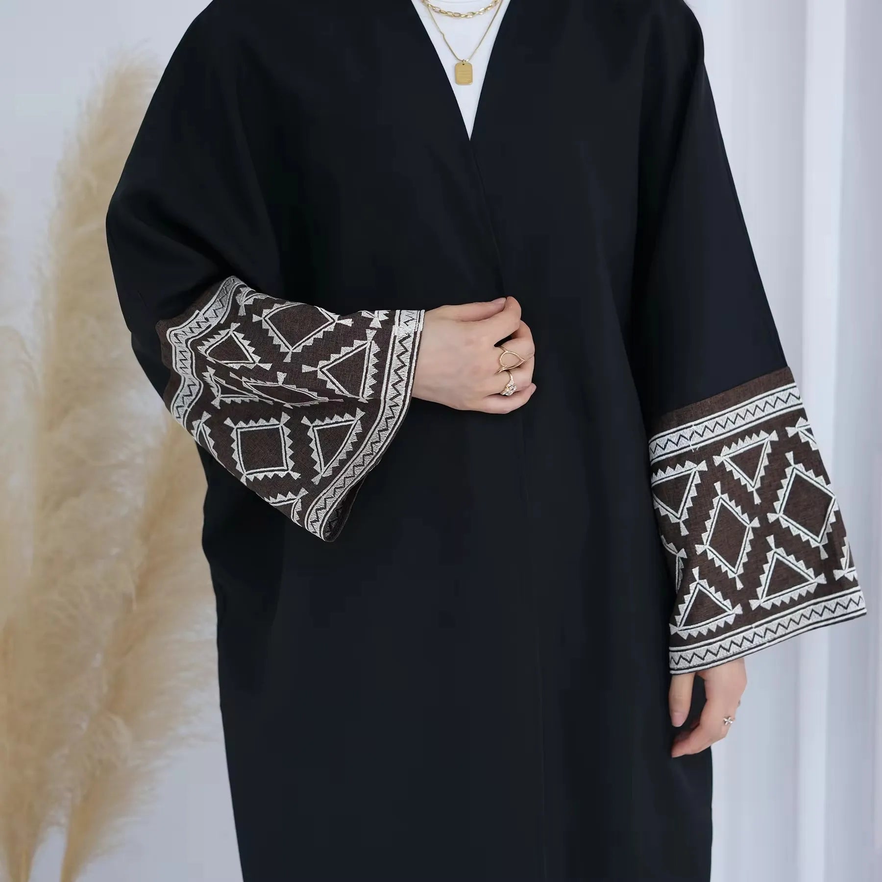 ABY002 Geometric Embroidered Sleeve Abaya