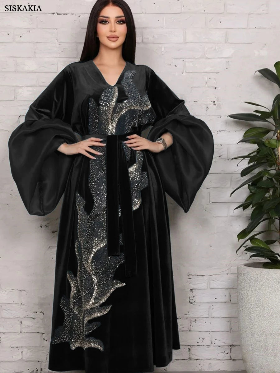 ABY11 Elegant Velvet Kaftan with Sequin Embellishments for Autumn/Winter