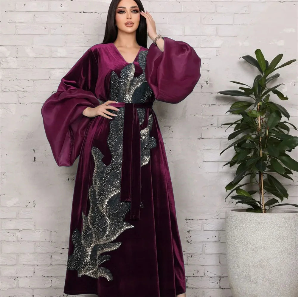 ABY11 Elegant Velvet Kaftan with Sequin Embellishments for Autumn/Winter