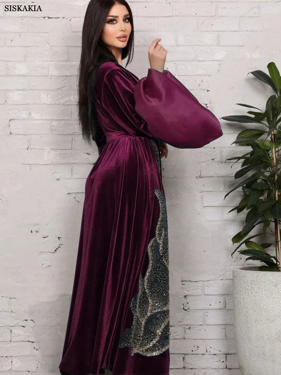 ABY11 Elegant Velvet Kaftan with Sequin Embellishments for Autumn/Winter